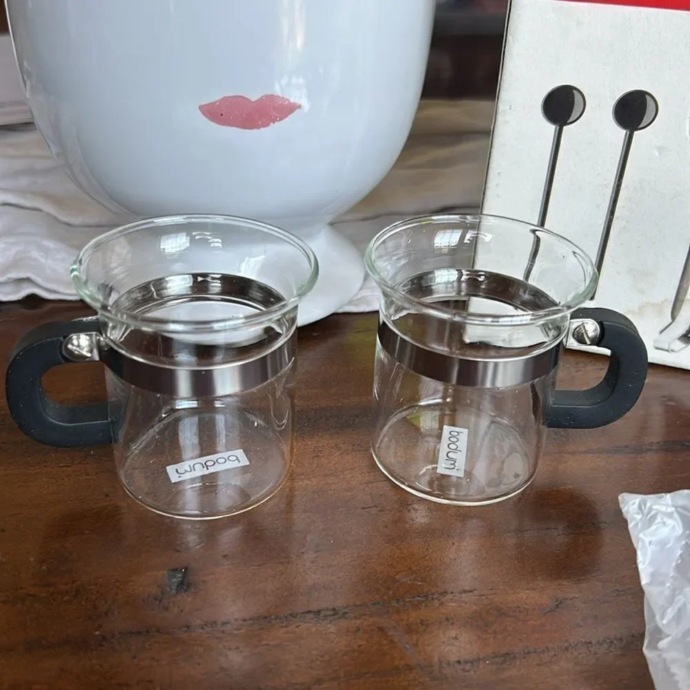 Bodum 2 cups with saucer and 2 spoons NeW Vintage